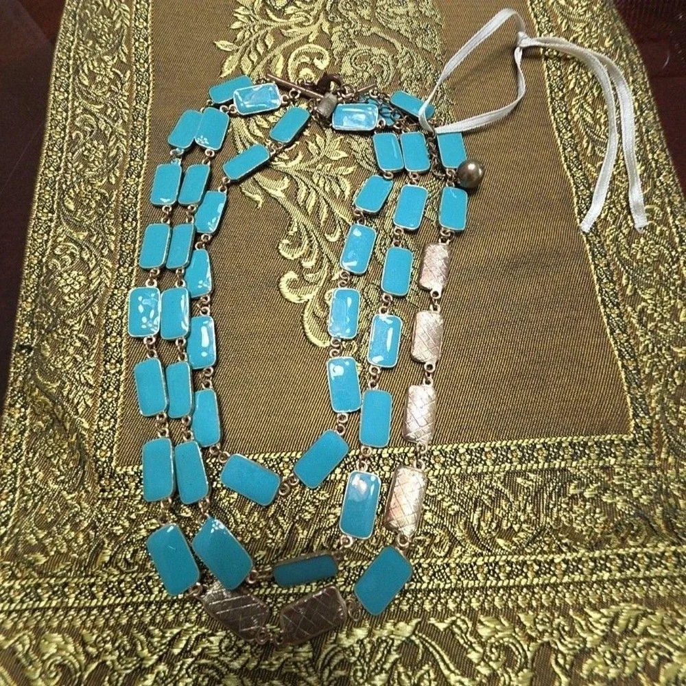 Top It Off Blue Enamel Layered Necklace Gold Tone Rectangle Station Jewelry